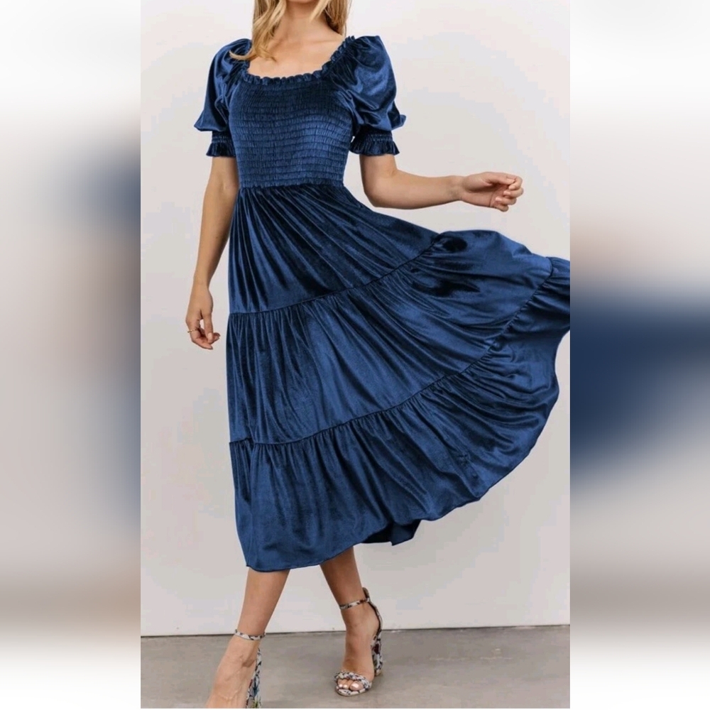 R Vivimos Blue Velvet Smocked Tiered Dress Medium